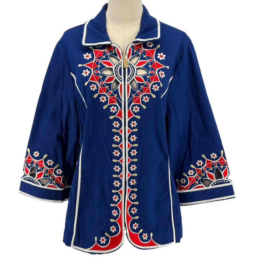 Bob Mackie Wearable Art Jacket Blue Embroidered Cutout‎ Zip Front L